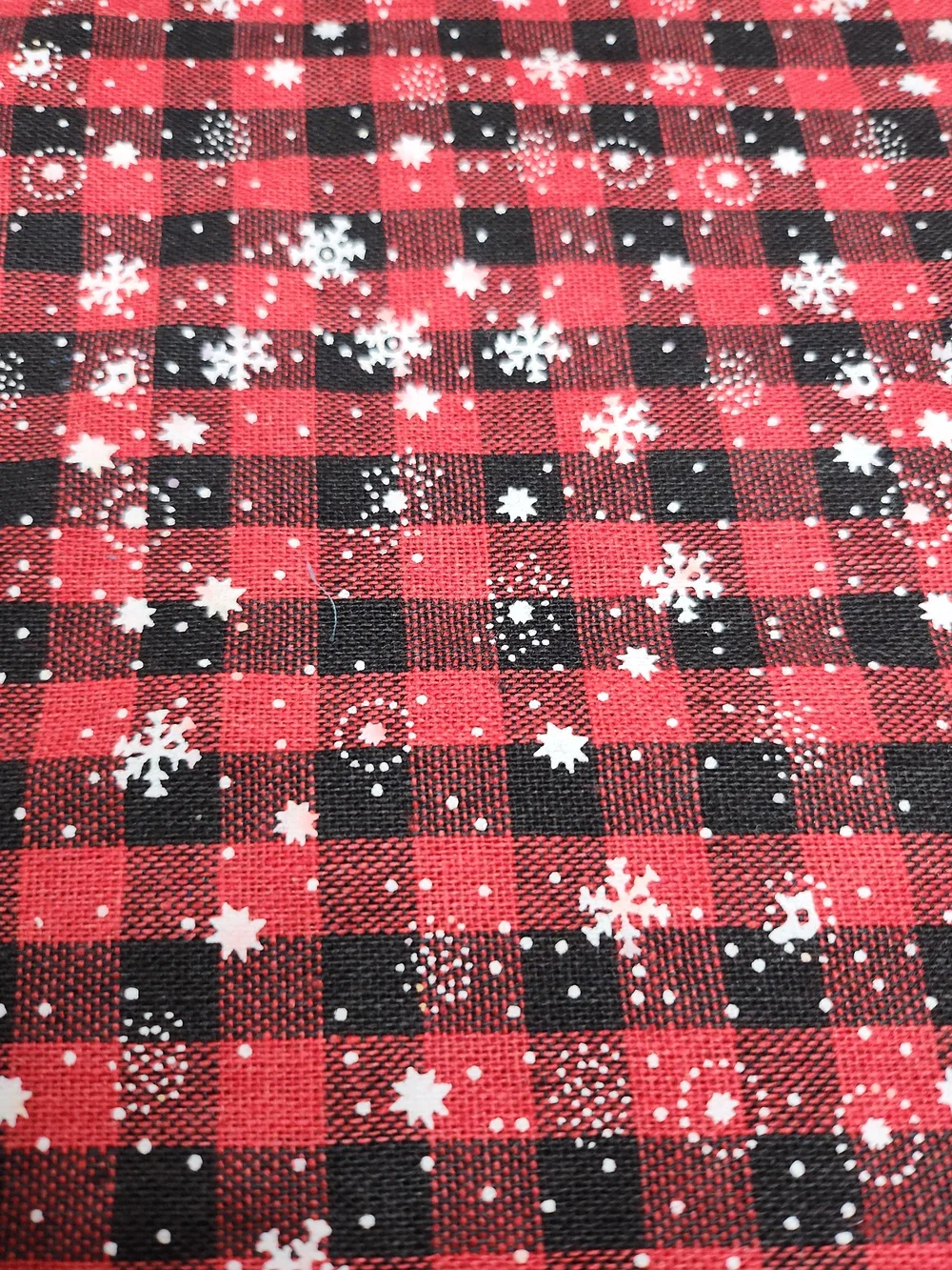 Red and Black Buffalo Plaid Fabric Panel with White Snowflake Print 10x15